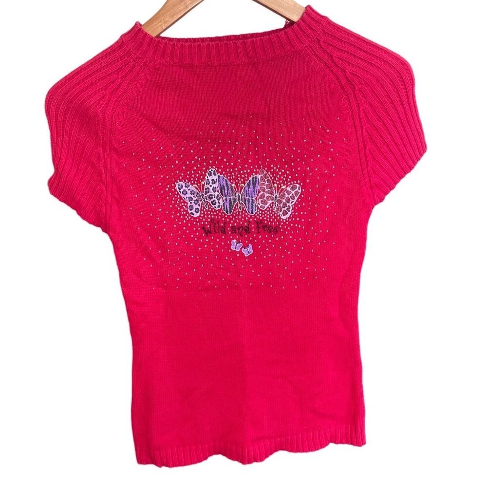 Wild and Free Red Baby Doll Cropped Fitted Short Sleeve Butterfly Sweater